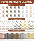 Sturdy Metal Swivel Snap Hooks Bulk Kit With D Rings And Quick Slide Buckles For Keychains Purse Straps Dog Collars And Craft Projects set of hardware items in various metal colors.