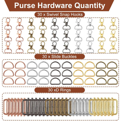 Sturdy Metal Swivel Snap Hooks Bulk Kit With D Rings And Quick Slide Buckles For Keychains Purse Straps Dog Collars And Craft Projects set of hardware items in various metal colors.