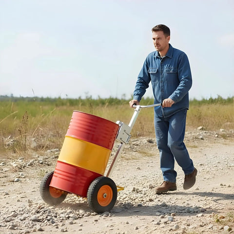 Man moving Heavy Duty 55 Gallon Drum Dolly with Industrial Hand Truck across rough terrain, large 16 inch pneumatic tires visible.