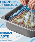 Hands placing 100 Pack Disposable Blue Poly Lug Liner in metal container for food processing.