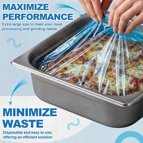 Hands placing 100 Pack Disposable Blue Poly Lug Liner in metal container for food processing.