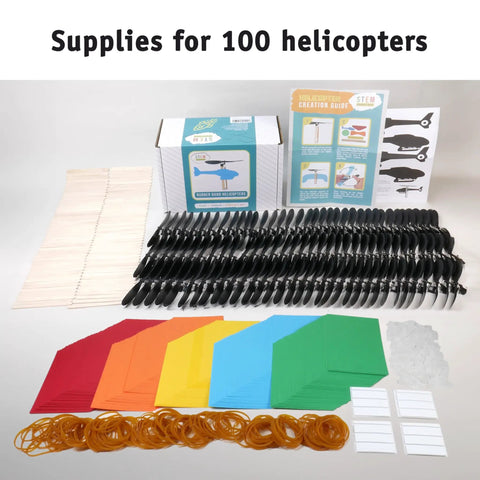 Hands On Rubber Band Helicopter Kit Bulk 100 Pack For Classrooms STEM Project Kids Ages 8 And Up Fun And Educational For After School Programs Libraries And Summer Camps, supplies laid out