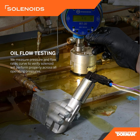 Engine Variable Valve Timing Solenoid For Select Acura And Honda Models Beefy Durable Replacement Part With Precise Timing Control High Quality Materials Easy Install And Long Service Life For Reliable Performance shown in oil flow testing environment, measuring pressure and flow rates.