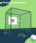 Golf Cage Net With Steel Frame 10x10x10 Ft for at home full swing practice, showing dimensions and included target fabric.
