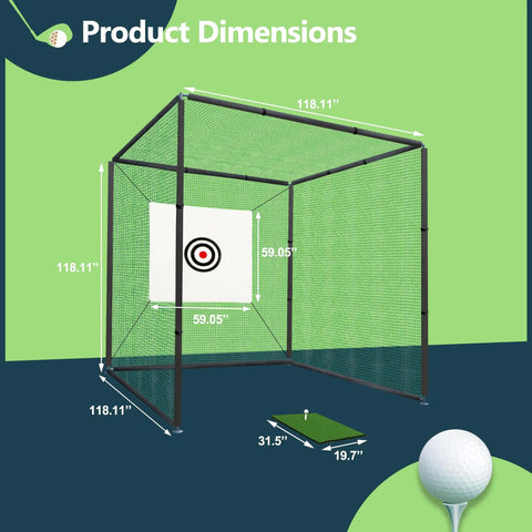 Golf Cage Net With Steel Frame 10x10x10 Ft for at home full swing practice, showing dimensions and included target fabric.