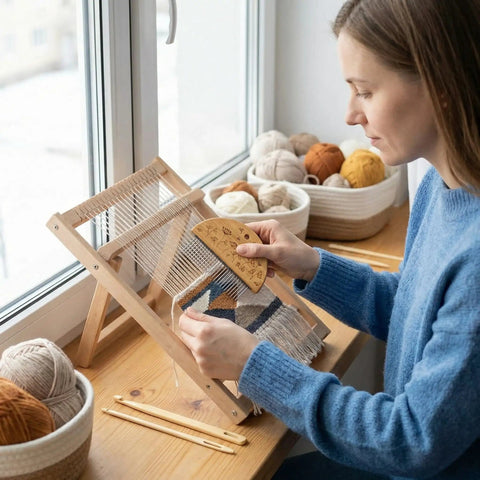 Woman using Weaving Comb Set for Newbies Three Piece Wood Knitting Loom Tool Kit With Large Eye Needle and Crochet Hook by window