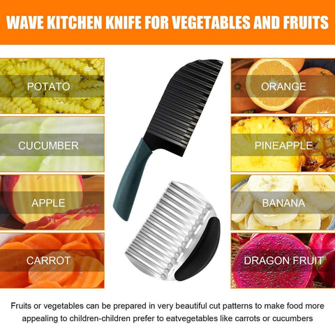 Front view of stainless steel crinkle cutter set with wave blade and round wheel cutter for vegetables and fruits
