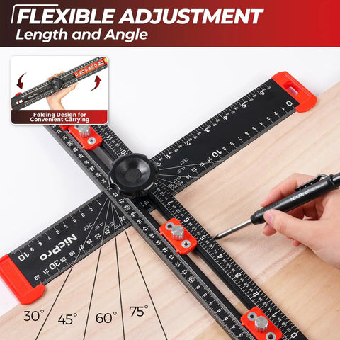 All In One 4 In 1 Drilling Positioning Scribing Ruler For DIY Pros with adjustable T square used on wood surface