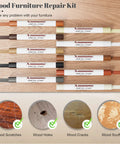 All In One Wood Filler Sticks Kit With 20 Color Options For Easy Diy Furniture Repair Of Scratches Cracks Nail Holes And Scuffs On Wood Floors Tables Cabinets Doors And Desks displayed with repair examples.