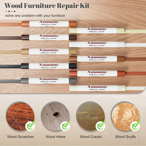 All In One Wood Filler Sticks Kit With 20 Color Options For Easy Diy Furniture Repair Of Scratches Cracks Nail Holes And Scuffs On Wood Floors Tables Cabinets Doors And Desks displayed with repair examples.