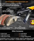 Pro Grade Heavy Hitter Pipe Tube Polisher Sander With 1280W Motor And Six Adjustable Speeds showing attachments and specifications for grinding and polishing.