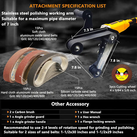 Pro Grade Heavy Hitter Pipe Tube Polisher Sander With 1280W Motor And Six Adjustable Speeds showing attachments and specifications for grinding and polishing.