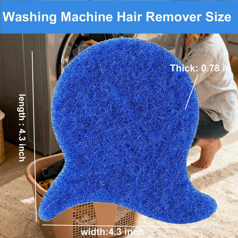 Close-up of 6-Piece Laundry Pet Hair Remover Set Reusable Dog And Cat Hair Cleaner, blue fish-tail design, 4.3 inches size, near washing machine.