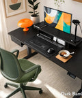 Top Tier Dual Motor Electric Height Adjustable Standing Desk With A Roomy 80 Inch Wide Bamboo Top And Sleek Matte Black Frame, workspace view.