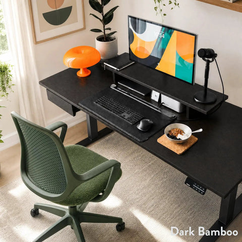 Top Tier Dual Motor Electric Height Adjustable Standing Desk With A Roomy 80 Inch Wide Bamboo Top And Sleek Matte Black Frame, workspace view.