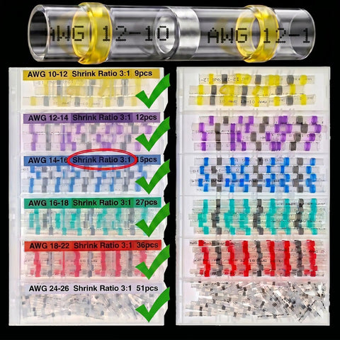 150Pcs Solder Seal Wire Connectors Marine Grade Heat Shrink Butt Splice Terminals for Boat Wiring package showing assorted sizes and colors