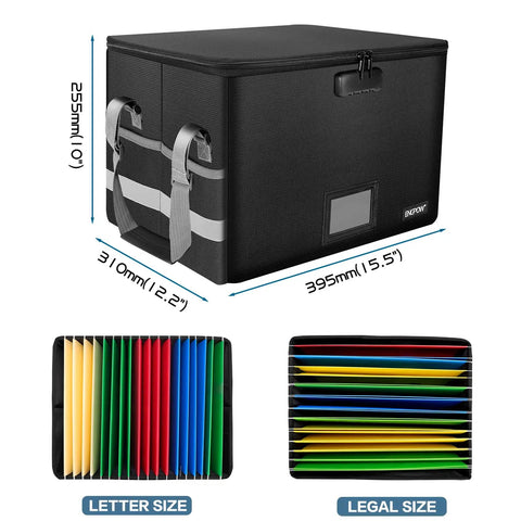 Fireproof File Box With Lock And Zipper Pockets, Collapsible Filing Organizer, shown with dimensions and folders
