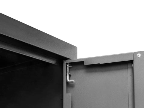 Close-up view of the locking mechanism on the Complete 7 Piece Badass Steel Garage Storage Set With Locking Rolling Tool Chest.