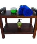 Teak Shower Bench With Shelf And LiftAide Arms For Safe Shower Mobility Adjustable Foot Pads Durable Solid Teak Bath Bathroom Bench With Drainage Slats Brown