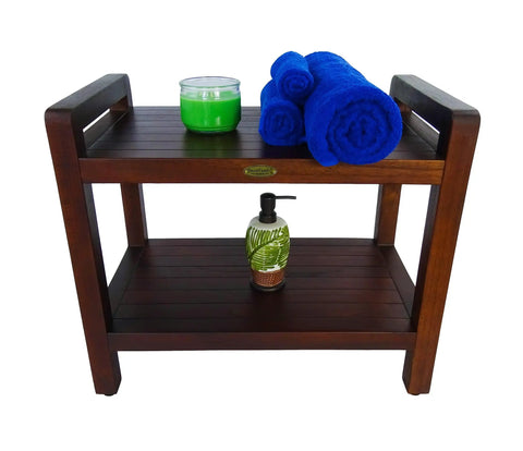 Teak Shower Bench With Shelf And LiftAide Arms For Safe Shower Mobility Adjustable Foot Pads Durable Solid Teak Bath Bathroom Bench With Drainage Slats Brown