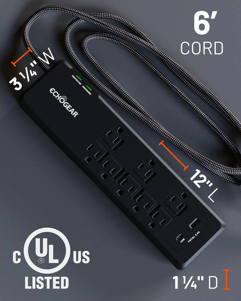 PowerBlitz Surge Protector Power Strip With USB A And USB C Ports, 8 Outlets, 2160 Joules, black, braided 6-foot cord, dimensions shown