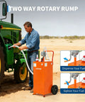 Man using 35 Gallon Fuel Caddy With Pump For Cars, Lawn Mowers, ATVs And Boats, Gasoline Diesel Storage Tank Orange in a field