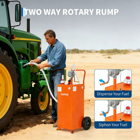 Man using 35 Gallon Fuel Caddy With Pump For Cars, Lawn Mowers, ATVs And Boats, Gasoline Diesel Storage Tank Orange in a field