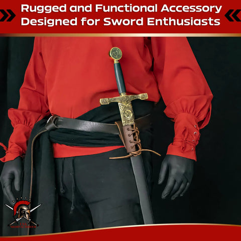 Close-up of Genuine Leather Dagger Holster with Adjustable Lace Up Closure for Small Weapons Medieval Inspired Sword Frog Sheath