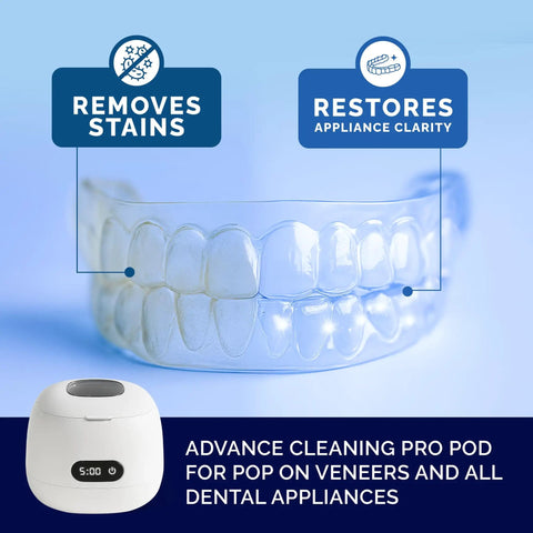 Retainer And Aligners Cleaning Pod With 45kHz Ultrasonic Power, UV Light Sterilizer, 200ml Tank, Digital Timer For Invisalign, Dentures And Mouth Guards At Home For A Deep Clean shown with clear aligners