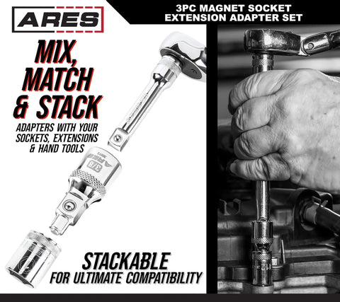 Magnetic Socket Extension Adapters Set With Magnetic Tips For Quick Bolt And Nut Retention, hand using adapter on engine