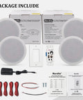 Package of 6.5 Inch Bluetooth In Wall Ceiling Speakers With 600W 2 Way Flush Mount System And Built In Wall Amplifier Receiver