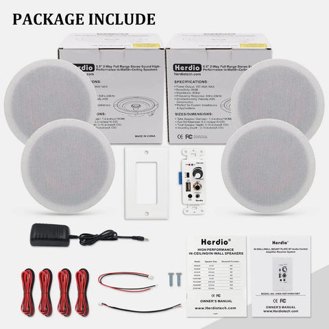 Package of 6.5 Inch Bluetooth In Wall Ceiling Speakers With 600W 2 Way Flush Mount System And Built In Wall Amplifier Receiver