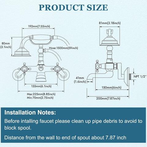 Clawfoot Tub Faucet With Handheld Shower Brushed Nickel size diagram, wall mount tub filler with cross handles, solid brass construction