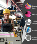 Person using Automatic Webbing Cutter For Hot And Cold Cutting Of Ribbon And Zipper Tape in factory, showing materials used