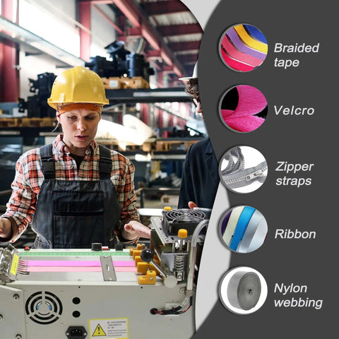 Person using Automatic Webbing Cutter For Hot And Cold Cutting Of Ribbon And Zipper Tape in factory, showing materials used