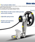 Go-To Pro Grade Digital Length Meter Counter With Single Wheel Encoder for Edge Banding Machines showing rubber wheel and encoder
