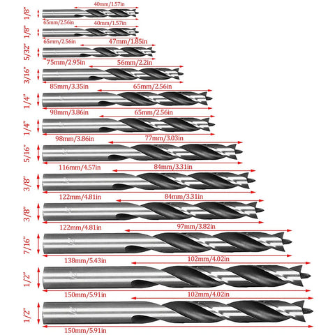 Brad Point Wood Drill Bit Set 12 Pack with varied sizes displayed showing precise splinter-free holes feature