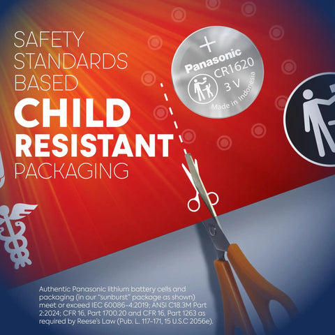 Top Tier CR1620 3V Lithium Coin Cell Batteries Packaged In Secure Child Proof Blister Packs with safety standards.