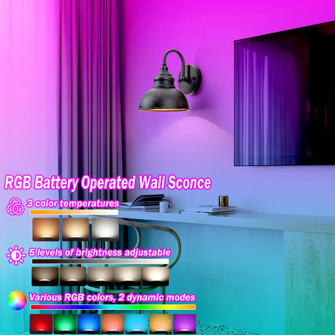 RGB Battery Operated Wall Sconce lit on wall near TV, showing color and brightness options