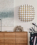 Oak Wood Golf Ball Display Case Wall Mount Rack That Holds Up To Fifty Two Balls With A Modern Grid Design For Clear Visibility