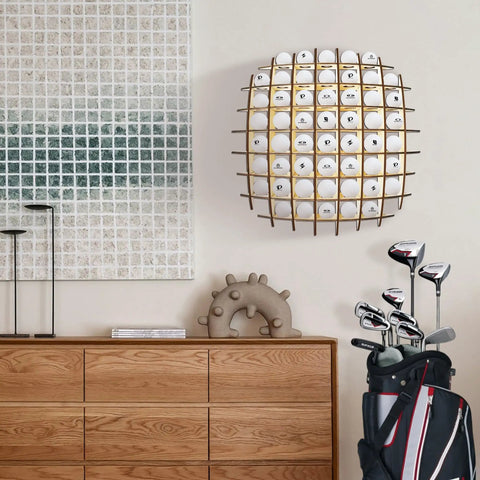 Oak Wood Golf Ball Display Case Wall Mount Rack That Holds Up To Fifty Two Balls With A Modern Grid Design For Clear Visibility