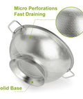 Stainless Steel Colander 3 Quart Strainer For Kitchen Food Prep Dishwasher Safe Easy Rinse with micro perforations and solid base