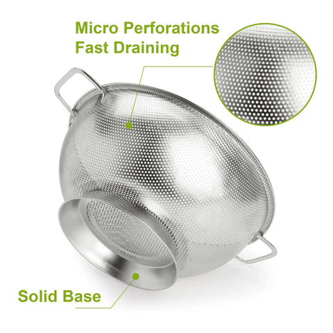 Stainless Steel Colander 3 Quart Strainer For Kitchen Food Prep Dishwasher Safe Easy Rinse with micro perforations and solid base