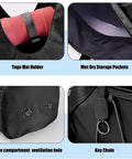 Close-up of women gym bag yoga mat holder, wet and dry storage pocket, and shoe compartment for gym goers on the go.