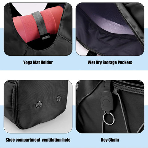 Close-up of women gym bag yoga mat holder, wet and dry storage pocket, and shoe compartment for gym goers on the go.