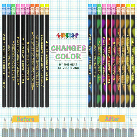 40 Pieces Motivational Color Changing Mood Pencils With Erasers For Back To School Kids Students Classroom Gifts Bible Verse Messages And Positive Sayings Thermochromic Pencils showing color change effect on grid paper
