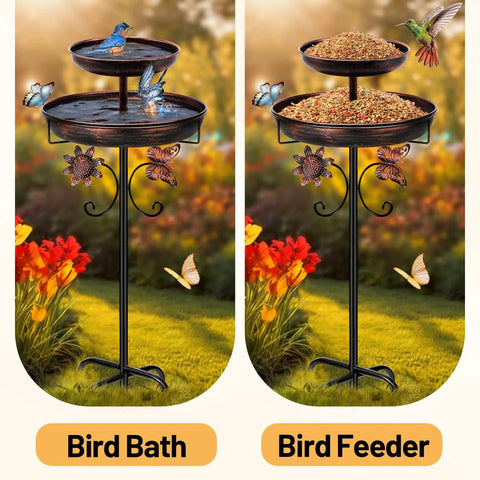 Vintage Outdoor Bird Bath and Feeder Stand 42 Inch Freestanding Bronze Bird Bath with dual bowls for garden decor