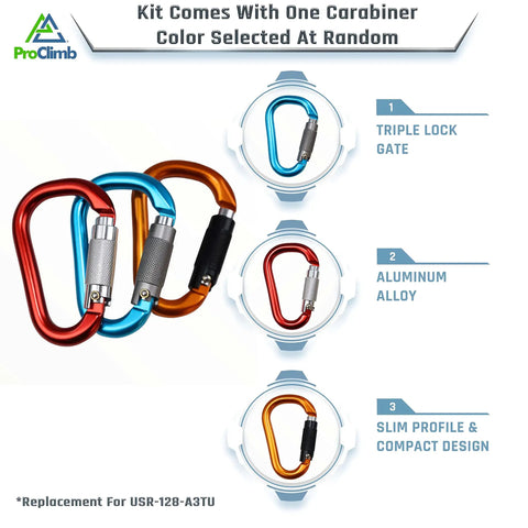 Triple lock gate aluminum alloy carabiners in red, blue, and orange for the High Visibility Steel Core Flip Line Kit for Tree Climbing