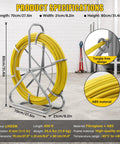 Heavy Duty Pro Grade Fiberglass Fish Tape 656 Ft Duct Rodder Wire Puller With Steel Reel Stand For Walls And Electrical Conduit Built To Last Ultra Flexible High Tensile Fiberglass Rod Easy Through Tight Bends With 13 Inch Minimum Radius, 6mm yellow rod on steel reel stand