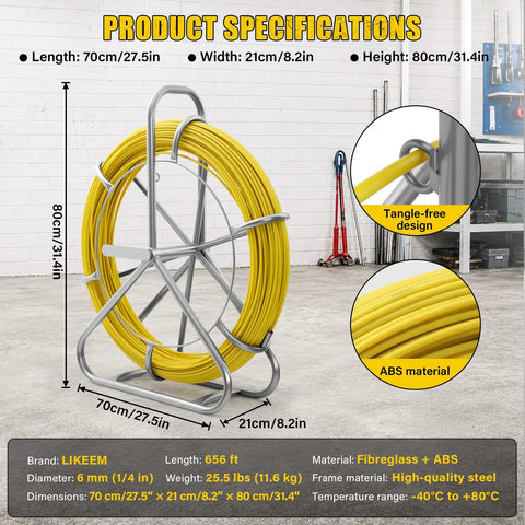 Heavy Duty Pro Grade Fiberglass Fish Tape 656 Ft Duct Rodder Wire Puller With Steel Reel Stand For Walls And Electrical Conduit Built To Last Ultra Flexible High Tensile Fiberglass Rod Easy Through Tight Bends With 13 Inch Minimum Radius, 6mm yellow rod on steel reel stand